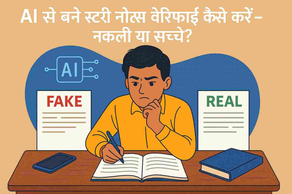 AI से बने स्टडी नोट्स की जांच करता छात्र – नकली और असली की पहचान करता हुआ