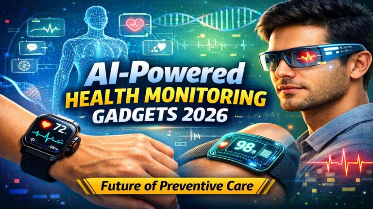 AI-powered health monitoring gadgets showing smartwatch and health sensors in 2026